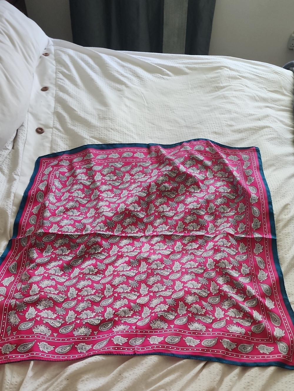 Pink Paisley Square Fashion Scarf with Teal Trim